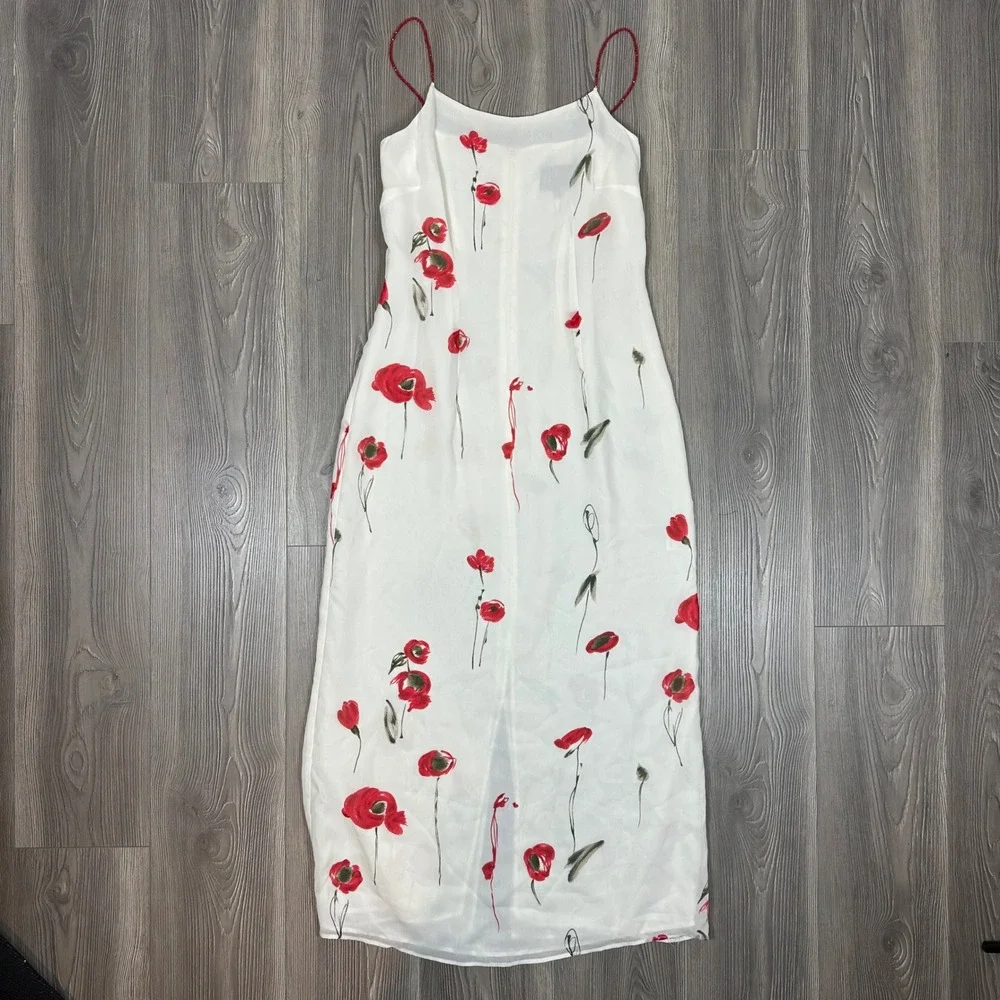 Vintage Y2K White Dress w/ Red Poppy Floral Design & Beaded Straps - SIZE 10‎ - Picture 2 of 8